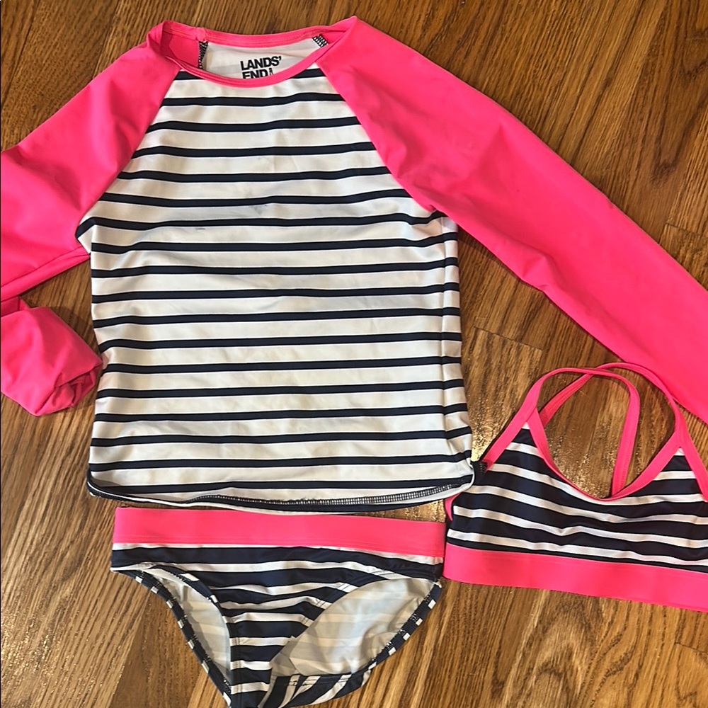 Lands' End Girls' Pink and Navy Stripe 3-Piece Rash Guard Swim Set